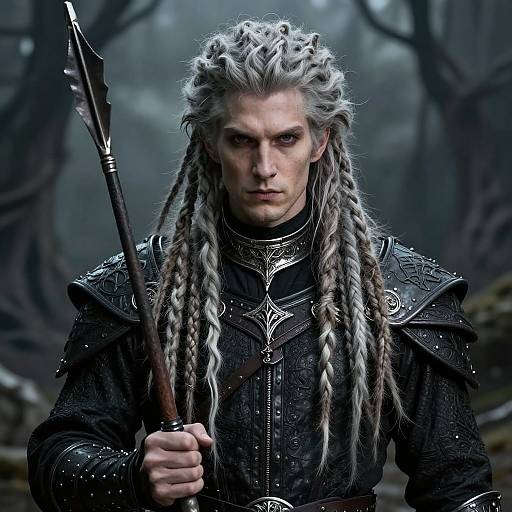 Digital artwork of a stern, silver-haired warrior with long braids, wearing black, ornate armor, holding a spear in a foggy forest.