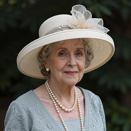 Photograph of an elderly woman with fair skin, gray curly hair, wearing a white wide-brimmed hat with a floral decoration, pearl necklace,