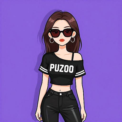 Digital anime-style drawing of a woman with dark brown hair, red lipstick, black sunglasses, black off-shoulder 