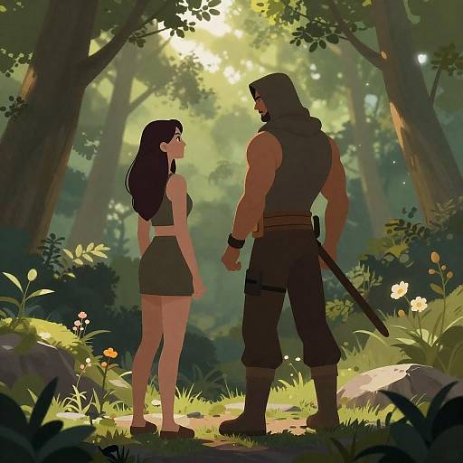 Sunlit Forest Encounter: Hooded Man