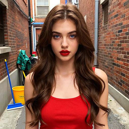 Photograph of a young woman with long brown hair, blue eyes, and red lipstick, wearing a red tank top, standing in a narrow urban alley