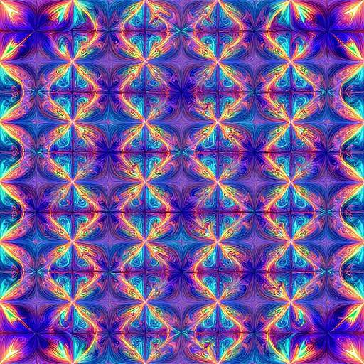 Digital abstract art with vibrant, symmetrical patterns in neon blue, purple, orange, and yellow, featuring intricate, swirling, kaleidoscopic designs
