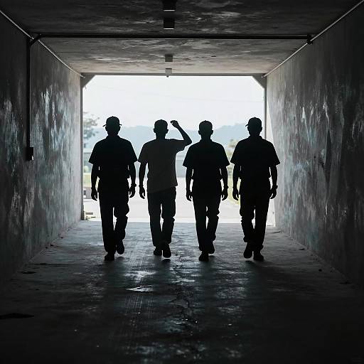 Men Walking Towards Light in Tunnel