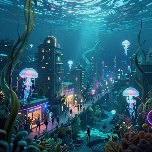 Neon-lit underwater cityscape with glowing jellyfish, futuristic buildings, and diverse crowd. Vibrant blue and purple hues, illuminated streets, and