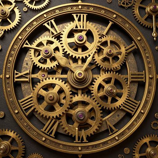 Close-up of intricate, golden clockwork gears with purple jewel bearings, Roman numerals, and detailed circular frame, set against a dark background. Phot