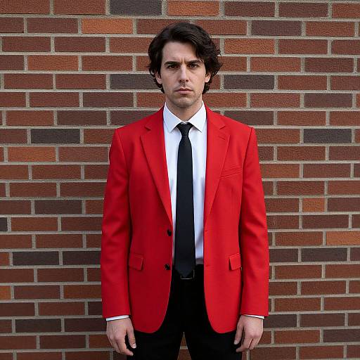 Photograph of a serious-looking man with dark hair, wearing a bright red suit jacket, white shirt, black tie, and black pants, standing against