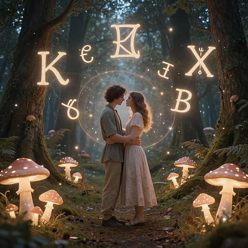 Photograph of a couple in a magical forest, illuminated by glowing letters 