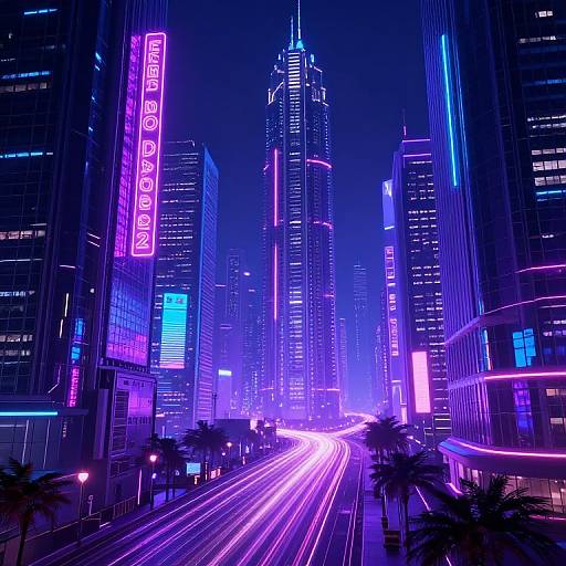Neon-lit cyberpunk cityscape at night, featuring vibrant purple and blue lights, towering skyscrapers, illuminated vertical signs, and long streak