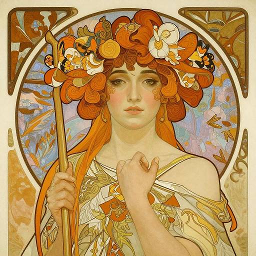 Digital art of a fair-skinned woman with red hair, floral headpiece, and off-shoulder dress, holding a staff, in an Art
