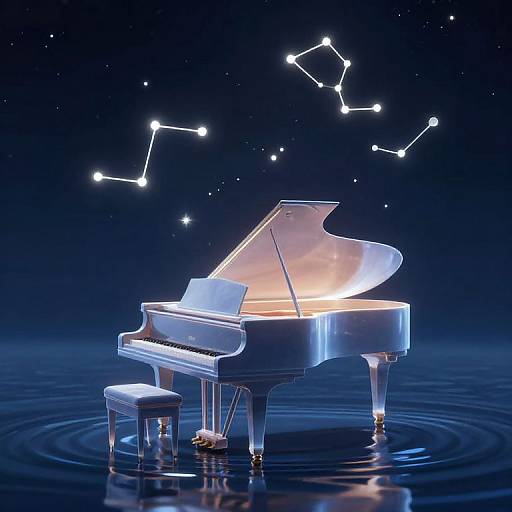 Digital artwork of a glowing, illuminated grand piano with a constellation of stars above, standing on a reflective, rippling water surface.