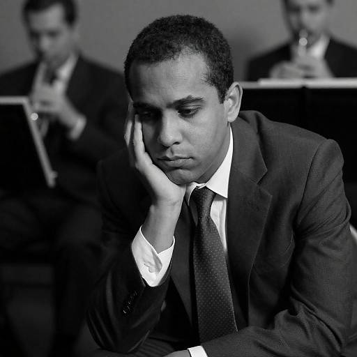 Pensive Man in Suit with Musicians in Background