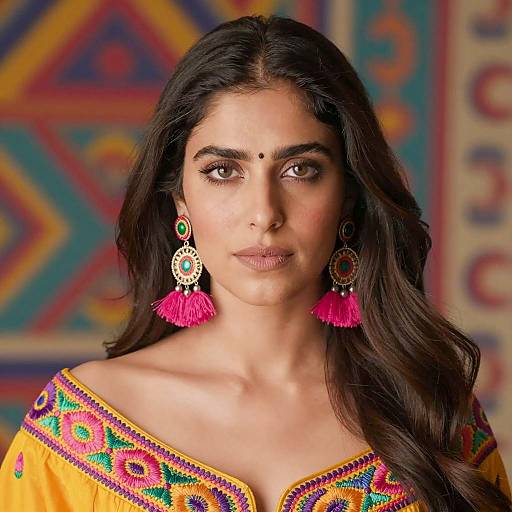 Portrait of Woman in Colorful Embroidered Top