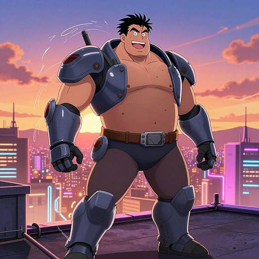 Muscular, shirtless man with black hair and armor, standing on rooftop at sunset, cityscape with neon lights in background, digital art.