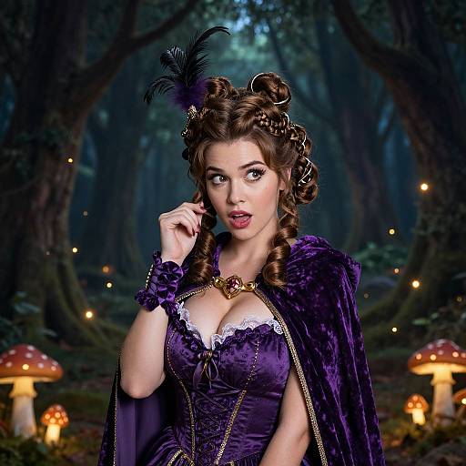 Photograph-style digital art of a fair-skinned woman with curly brown hair, wearing a purple corset, lace trim, cape, and feathered