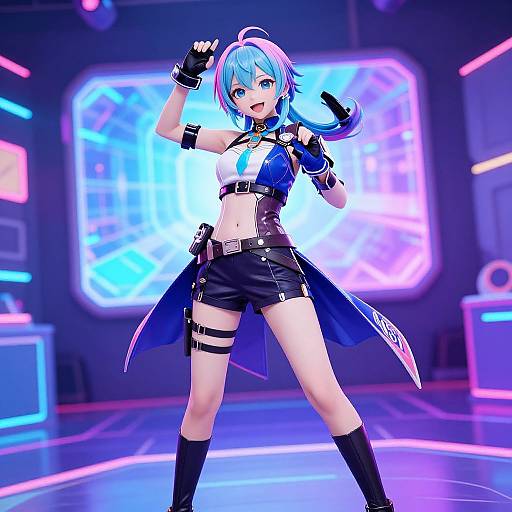 Digital anime-style artwork of a blue-haired, pink-highlighted girl in a futuristic outfit, black shorts, blue jacket, gloves, and thigh strap,