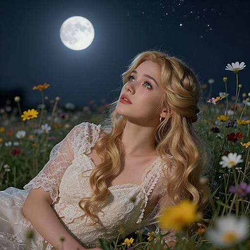 Photograph of a blonde woman with wavy hair, wearing a lace wedding dress, gazing at a full moon in a starry night sky,