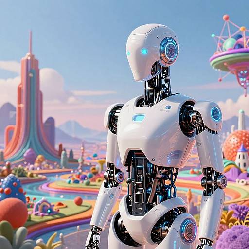 CGI image of a futuristic white robot with blue glowing eyes in a vibrant, colorful sci-fi cityscape with floating structures and a bright blue sky.