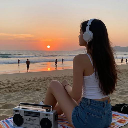 Young woman listening to music on beach at sunset