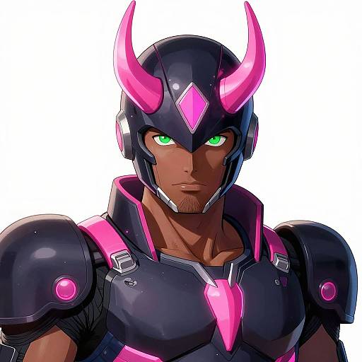 Digital art of a muscular, dark-skinned male superhero with glowing green eyes, black armor, and pink horns and accents.