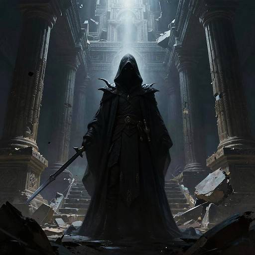 Dark, hooded figure with a sword stands in a ruined, illuminated, ancient temple with crumbling columns and debris. Digital art.