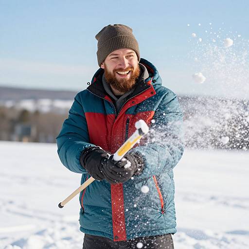 Photograph of a bearded man with a wide smile, wearing a green and red winter jacket, gray beanie, and black gloves, joyfully