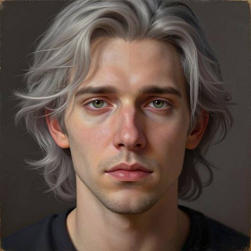 Photorealistic digital portrait of a young man with wavy, silver-gray hair, light skin, green eyes, and subtle stubble, wearing a