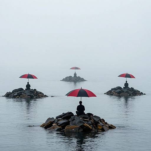 Photograph of five black silhouetted figures sitting on rocky islands, each holding a red umbrella, in a foggy, calm sea.