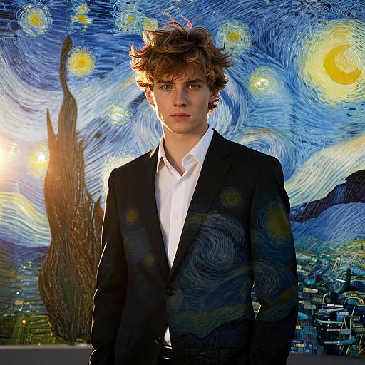 Photograph of a young man with curly brown hair, wearing a black suit and white shirt, standing in front of Vincent van Gogh's 