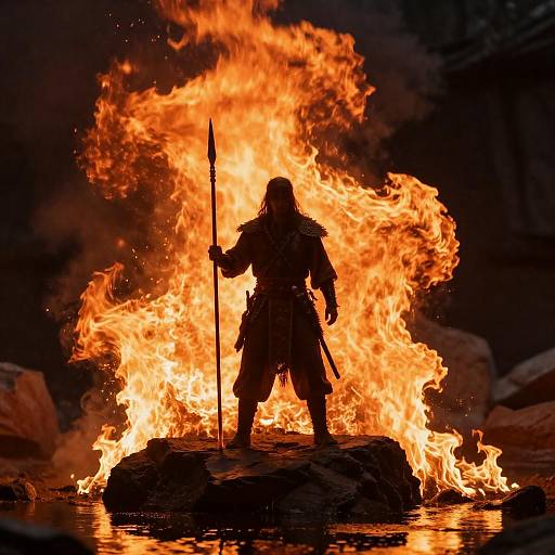 Warrior Amid Fiery Flames and Shadows