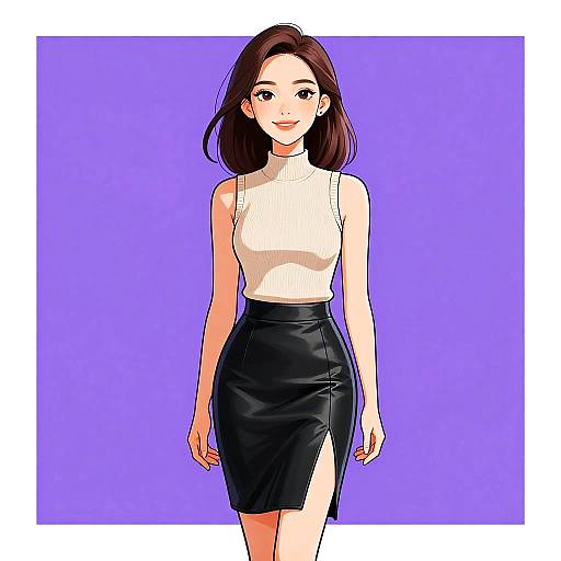 Digital anime-style drawing of a smiling woman with brown hair, wearing a white sleeveless turtleneck and black high-waisted skirt with a side