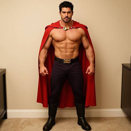 Photograph of a muscular, bearded man with short black hair, wearing a red cape, black pants, and boots, standing against a beige wall