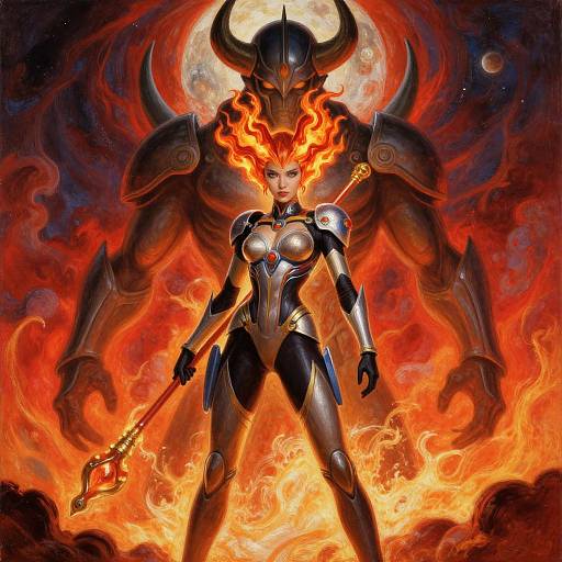 Digital painting of a fiery-armored, busty woman with flaming head and staff, standing before a towering, horned demon in a fiery, celestial background