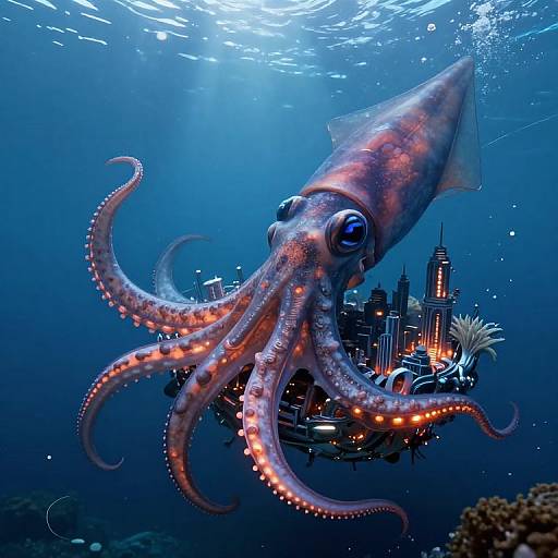 Photograph of a glowing octopus with orange-lit suckers, swimming near an underwater cityscape of skyscrapers and coral, illuminated by sunlight