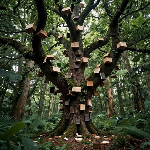 Photograph of a large tree in a dense forest, adorned with numerous small, wooden cubes hanging from its branches.