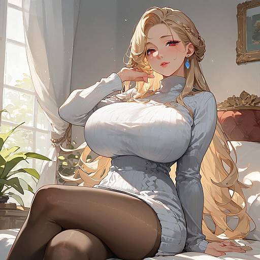 Digital anime-style drawing of a blonde woman with large breasts, wearing a white turtleneck and black stockings, sitting on a bed in a sunlit