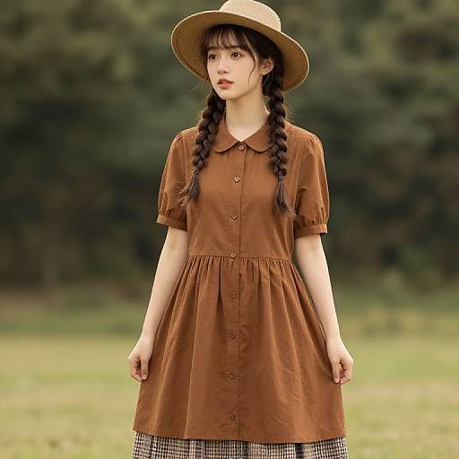 Photograph of an Asian woman with long braids, wearing a brown dress, wide-brimmed hat, and plaid skirt, standing in a