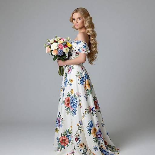 Photograph of a blonde woman with wavy hair, wearing an off-shoulder white floral dress, holding a colorful bouquet, standing against a gray