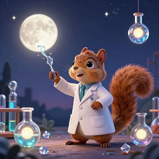 Cute CGI squirrel in a white lab coat, holding a test tube, creating a spark under a full moon, surrounded by glowing glass beakers and
