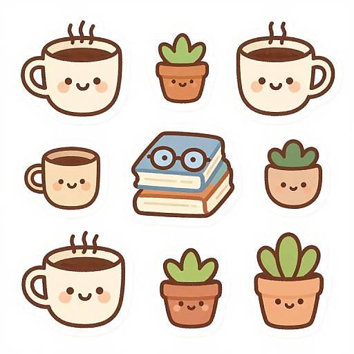 Cute digital illustration of six smiling coffee cups and five potted plants, including a book with glasses, on a white background.