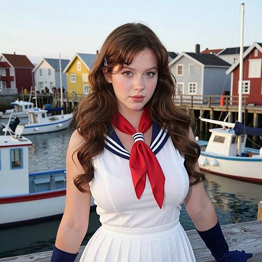 Photograph of a young woman with long brown hair, wearing a white sailor dress with red scarf, standing on a dock by boats, with colorful houses