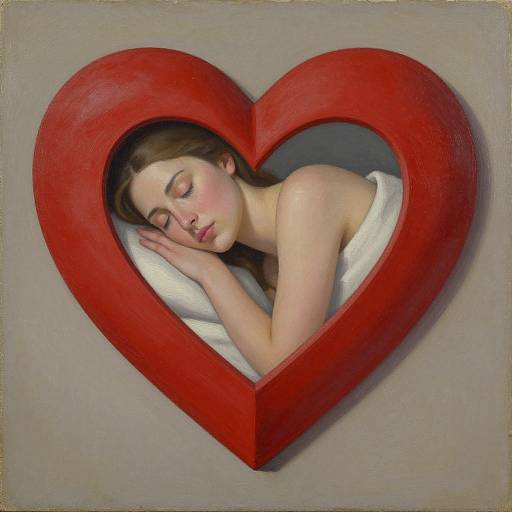 Painting of a sleeping woman with closed eyes, brown hair, and fair skin, wrapped in a white blanket, inside a red heart-shaped frame against
