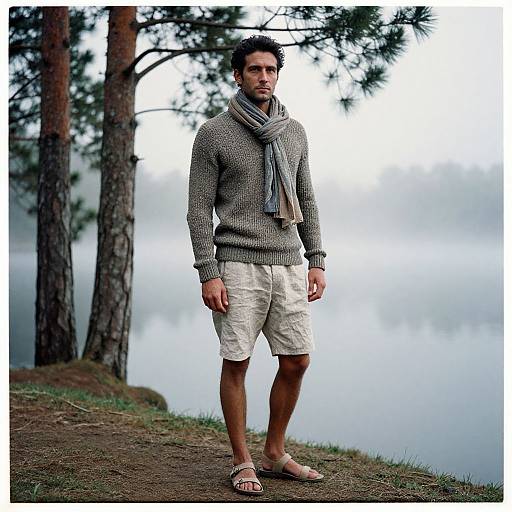 Photograph of a serious-looking man with dark hair, wearing a gray sweater, white shorts, gray scarf, and sandals, standing on a grassy