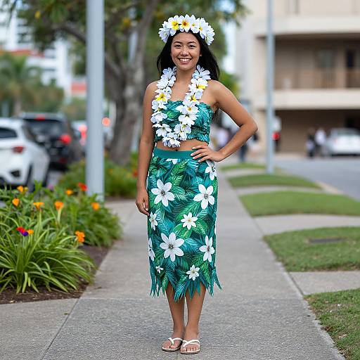 Photograph of a smiling Asian woman in a green floral hula dress and flower headpiece, standing on a suburban sidewalk.