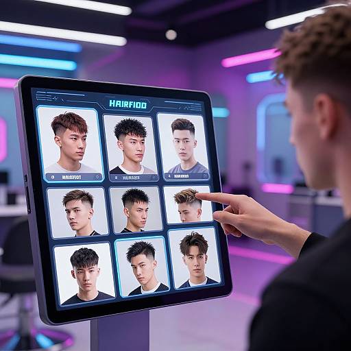 Photograph: Man with short brown hair touches digital tablet displaying six male face profiles labeled 