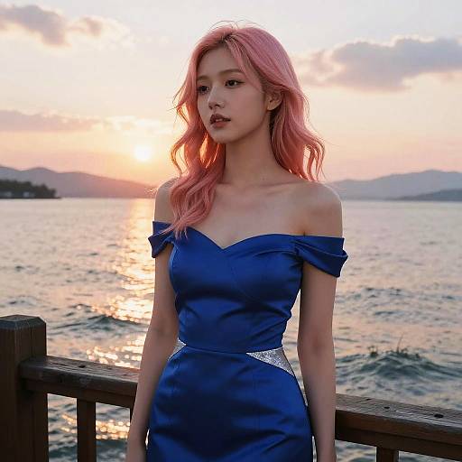 Young Woman in Blue Dress at Sunset Lake