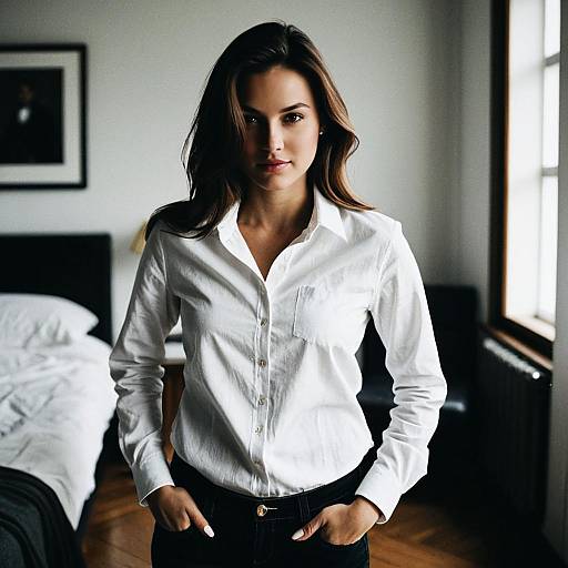 Photograph of a brunette woman with straight hair, wearing a white button-up shirt and black pants, standing in a bright, modern bedroom with a bed
