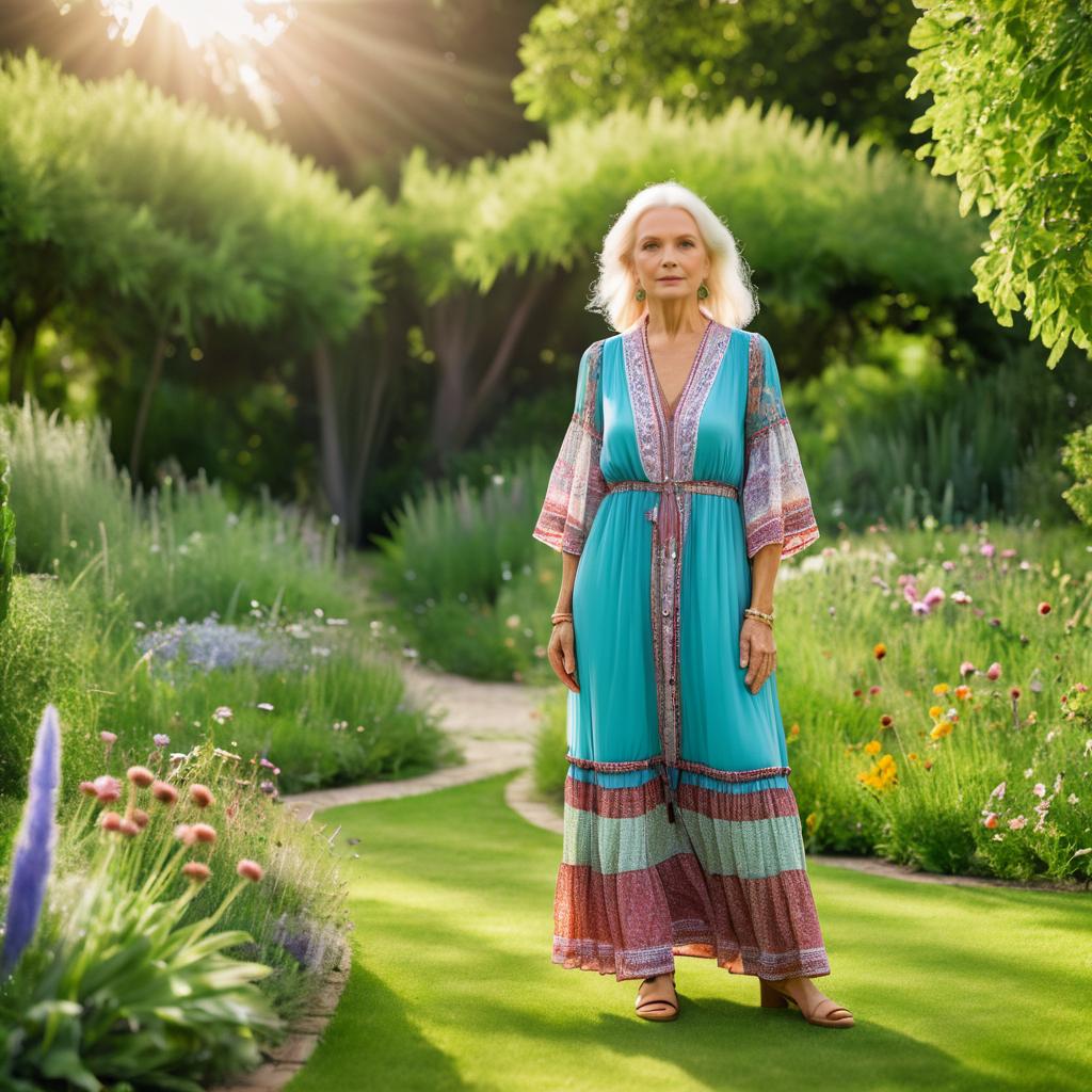 Stylish Elderly Woman in Bohemian Garden