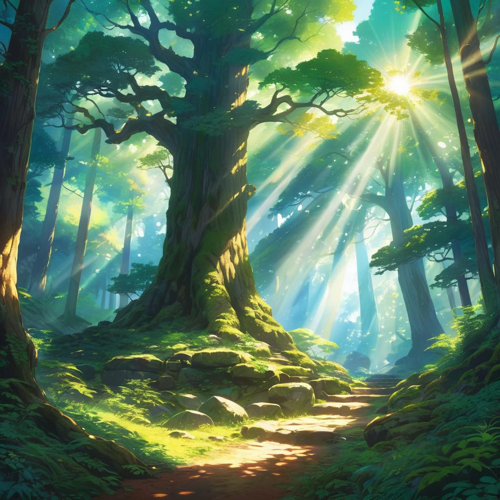 Vibrant Anime Forest with Sunlit Trees