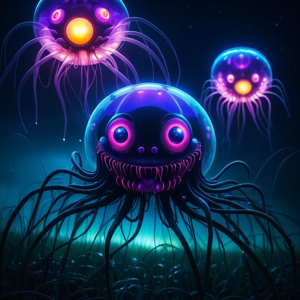 Surreal Glowing Jellyfish and Spider Scene