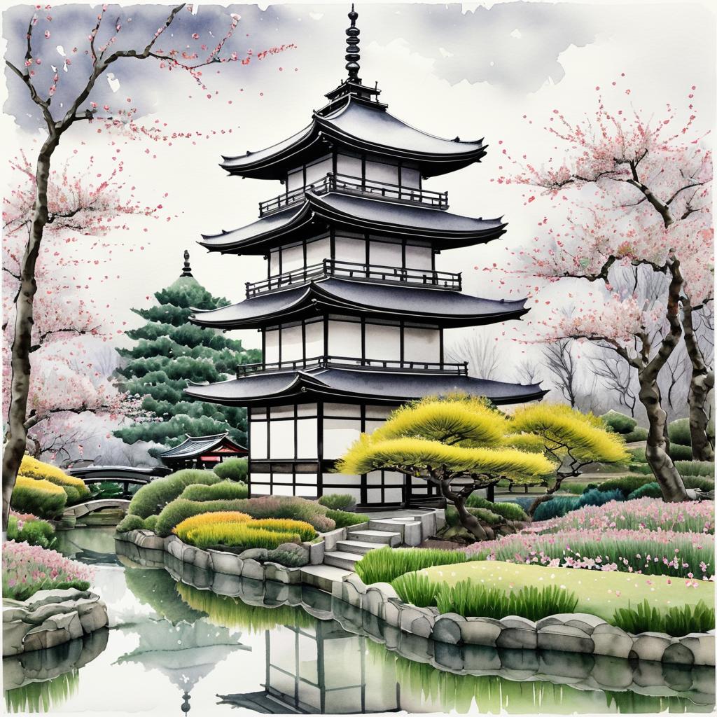 Majestic Japanese Pagoda in Cherry Blossom